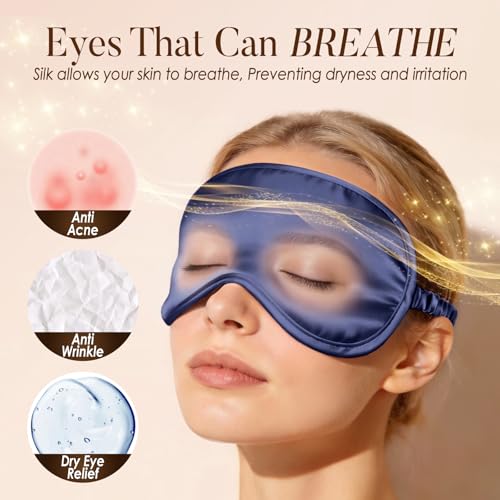 LULUSILK Mulberry Silk Sleep Eye Mask Blindfold with Elastic Strap Headband, Soft Eye Cover Eyeshade for Night Sleeping, Travel, Nap (Navy Blue) - color: Navy Blue