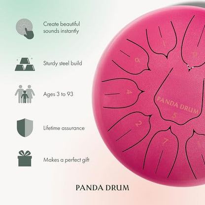 Panda Drum Plus (Pink) | Steel Tongue Drum for Inside & Outside | 11 Inch | with Music Book, Mallets, Carrying Bag & Finger Picks | 432 Hz Rain Drum | Calming Musical Instrument for Adults - color: Pink