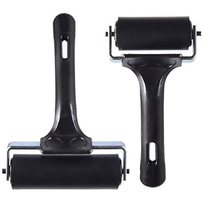 2 Pcs Rubber Roller, Hard Rubber Brayer Glue Roller for Construction Tools Printmaking Stamping Wallpaper Gluing Application, 3.8" and 2.2" (Black)