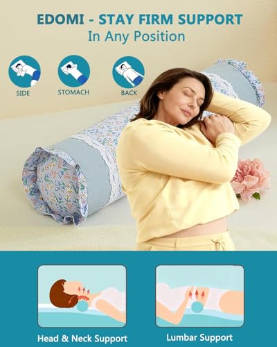 Buckwheat Hull Neck Roll Pillow -15.7" x4.7” Adjustable Firmness Cervical Support for Sleep & Yoga, Cooling Floral Cotton Cover, Ergonomic Bolster Pillow, Blue - color: Grass-blue