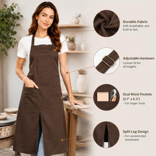 Pottery Split-Leg Make Ceramic Apron, Long Split-Leg Artist Painting Apron with 3 Pockets for Men and Women - color: Brown