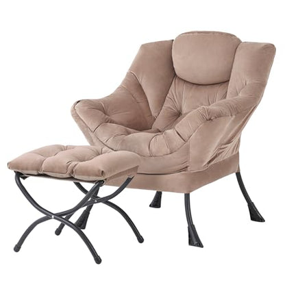 Tiita Lazy Chair with Ottoman, Comfy Reading Accent Chair, Velvet Khaki - color: Khaki