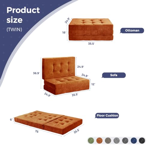 MAXYOYO 6" Folding Sofa Bed for Floor, Tufted Tri-Fold Floor Mattress | Twin Size Portable Sofa Couch Guest Mat with Chenille Fabric for Adults, Foldable Topper for Camping, Orange, Twin - color: Orange, size: Twin
