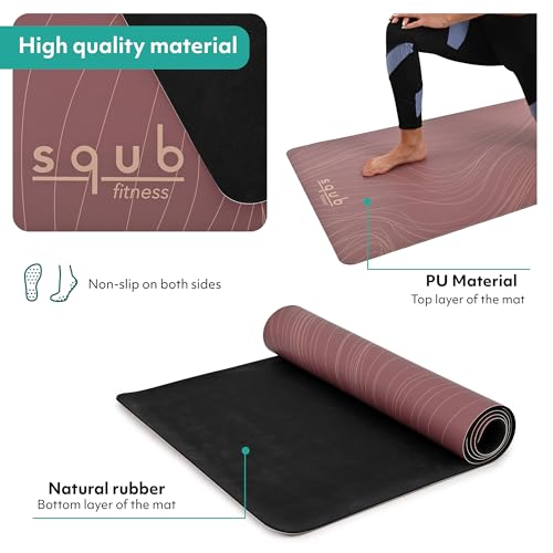 Yoga Mat Thick 5mm – Non Slip Exercise Mat Workout Surface, PU Natural Rubber Grip, Extra Large 183x68 cm Wide Design, Pilates Fitness Training, Includes Strap & Carry Bag - color: WINE