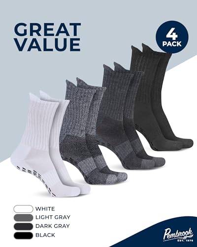 Pembrook Non Slip Crew Grip Socks Men & Women - 4 Pairs | Non Slip Socks for Elderly, Hospital, Pilates, Yoga, Barre, Home - color: Black, White, Light Gray, Dark Gray - 4 Pairs, size: Medium
