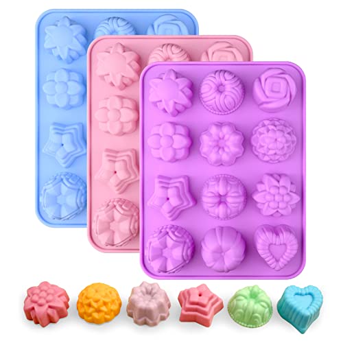 Sakolla 3 Pack Flower Soap Molds, 12 Cavities Different Shapes Silicone Molds for Soap, Lotion Bar, Bath Bombs, Chocolate, Candy - color: Flower/3 Colors