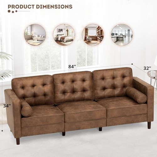 84" Suede Leather Modern Sofa with Bolster Pillows, Brown - color: Brown, size: 84" Sofa