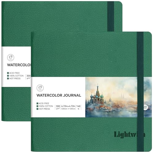Lightwish Square Watercolor Sketchbook,2 Pack Total 40 Sheets,100% Cotton,300gsm/140lb,Acid-Free,Hot Press Watecolor Paper Journal for Artists Adults Students,4.72 * 4.72 Inches - color: Green, size: 4.72*4.72 Inches
