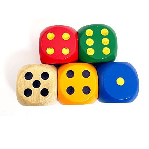SmartDealsPro Set of 5 Random Color Large 1 1/5" Round Edge Wooden Dice (5 Colors with dots) - color: 5 Colors 5 Pieces