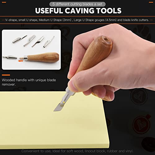 13Pcs Rubber Stamp Making Kit with Stamp Block, Rubber Brayer Roller,Rubber and Wood Carving Cutting Tool, Block Printing Starter Tool Kit for Inking Blocks Carving and Printmaking