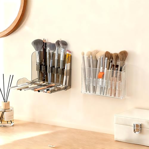 Wall-Mounted Makeup Organizers, 16-Slot Eyeliner Lip Liner Organizer Holder, Open Easy-Access Design, Space-Saving Bathroom Makeup Brush Storage Rack, Transparent Brown - color: Transparent Brown