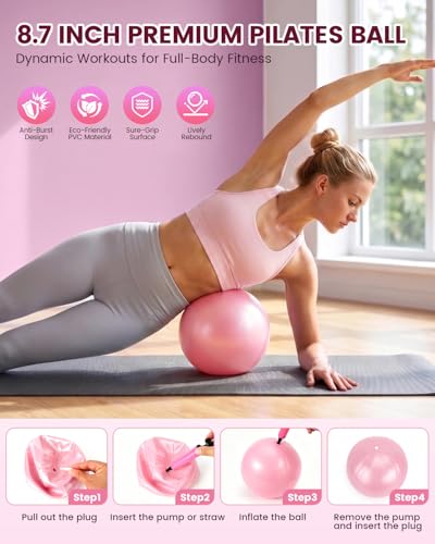Pilates Kit, 24 in 1Home Pilates Workout Kit for Women, Pilates Equipment with 13" Pilates Ring and Ball, Starter Home Workouts - color: Pink