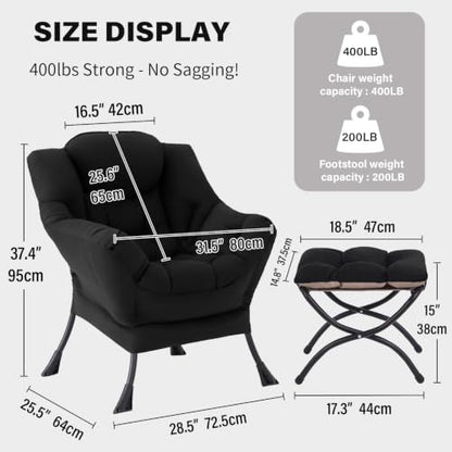 Tiita Lazy Chair with Ottoman, Comfy Reading Accent Chair, Black | Foldable Footrest, Padded Seat and Backrest, Side Pocket for Lounging in Living Rooms, Bedrooms, Dorms and Small Spaces - color: Peach Skin Black