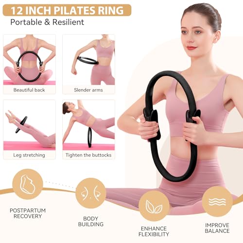 HASHMUST Pilates Ring Kit 12 PCS for Women, Home Workout Equipment with Magic Circle, Mini Exercise Ball, Resistance Bands, Massage Lacrosse, Yoga Strap, Full-Body Fitness Set for Toning & Gift - color: Black