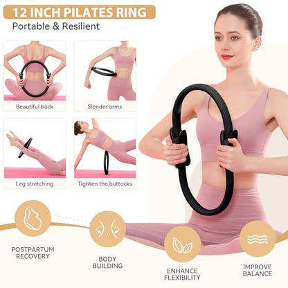 HASHMUST Pilates Ring Kit 12 PCS for Women, Home Workout Equipment with Magic Circle, Mini Exercise Ball, Resistance Bands, Massage Lacrosse, Yoga Strap, Full-Body Fitness Set for Toning & Gift - color: Black