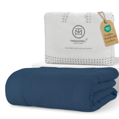 Threadmill Luxury 100% Cotton Queen Herringbone Blanket, Folkstone Blue | All-Season Thermal Blanket, Soft & Breathable, Cozy Moisture-Wicking, OEKO-TEX Certified, Machine Washable, 90x92 in - color: Folkstone Blue, size: Queen (90" x 92")