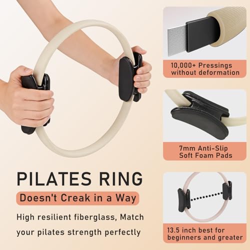 Pilates Ring Kit with Adjustable Ankle Wrist Weights, Resistance Bands, Ball, Pilates Equipment Ball for Home Workout to Tone, Sculpt and Strengthen, Fitness Magic Circle Rings for Yoga Women - color: Beige