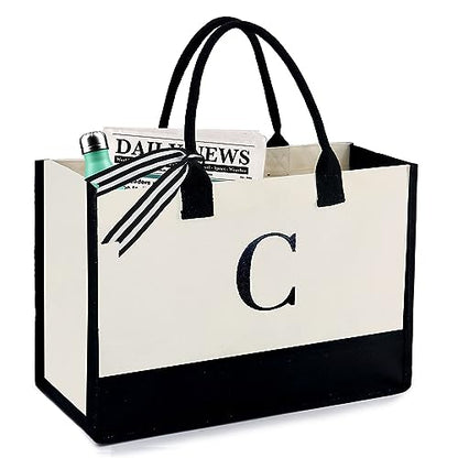 BeeGreen Embroidery Monogram Initial Tote Bag for Women Teacher Mom Friend Personalized Gift for Birthday Beach Work Wedding - color: Natural & Black, style: C