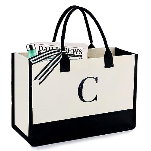 BeeGreen Embroidery Monogram Initial Tote Bag for Women Teacher Mom Friend Personalized Gift for Birthday Beach Work Wedding - color: Natural & Black, style: C