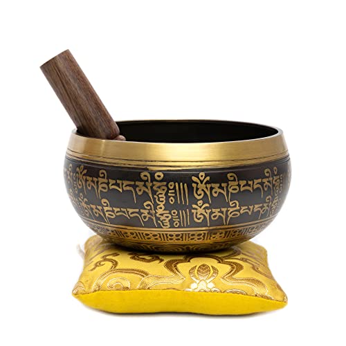Tibetan Singing Bowl Set - 4" Easy To Play Authentic Handmade For Meditation Sound 7 Chakra Healing By HIMALAYAN BAZAAR (Black/Yellow, 4 Inches)