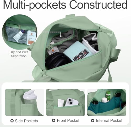 Mini Gym Bag for Women Girls Small Gym Tote Bag with Wet Compartment Waterproof Travel Duffle Bag Cute Workout Sport Bag - color: Green Tea-14in