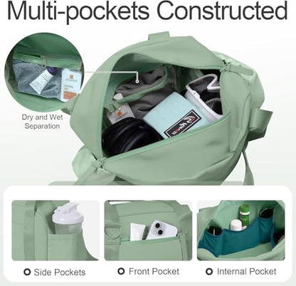 Mini Gym Bag for Women Girls Small Gym Tote Bag with Wet Compartment Waterproof Travel Duffle Bag Cute Workout Sport Bag - color: Green Tea-14in