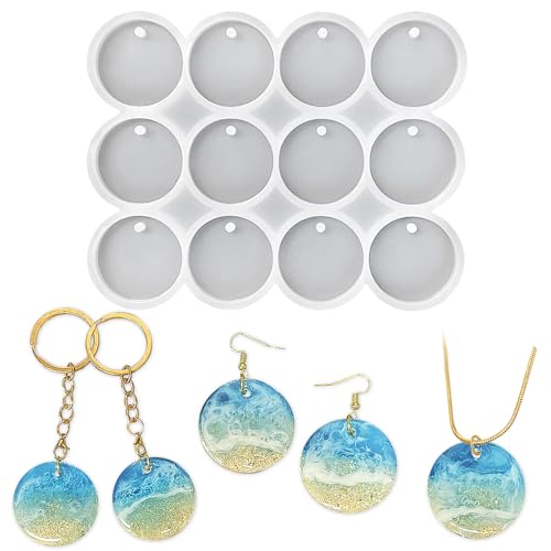 RESINWORLD 12-Cavity 1.37'' Shiny Flat Circle Silicone Mold with Hole, Pendant/Earrings/Round Keychain Mold, Pet Tag Resin Casting Mold