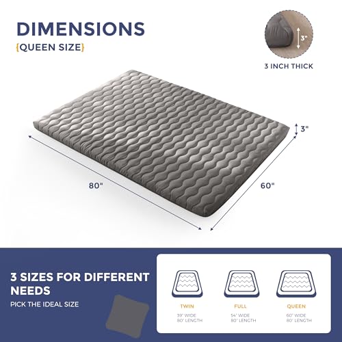 MAXYOYO Japanese Floor Futon Mattress Queen Size, 3" Thicken Mattress | Sleeping Pad Foldable Roll Up Mattress, Portable Floor Mattress Pad for Adults, Guest Room, Camping, Dark Grey - color: Dark Grey, size: Queen