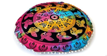 Large Round seat Floor Cushion Cover Chair Ottoman Cover Pouf Pillow Meditation Floor Cushion Covers for Adults Seating pouffe Ottoman Throw Covers Multi Peacock 32" Round