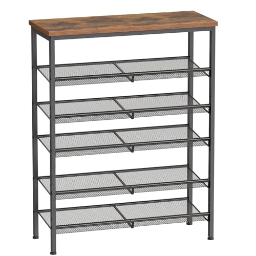 HOOBRO Shoe Rack for Entryway, 6-Tier Shoe Organizer with Adjustable Mesh Shelves, 18-24 Pairs of Shoes, Spacious Floor Mount, Metal, Industrial, Shoe Shelf for Closet, Rustic Brown BF60XJ01 - color: Rustic Brown + Black, size: 29.5"W x 11.8"D x 37.8"H
