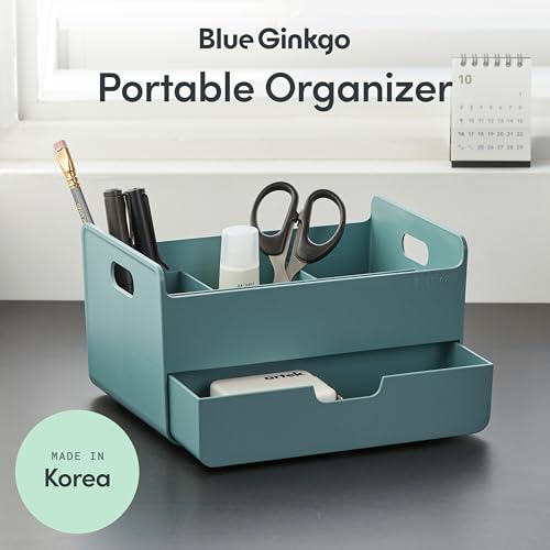 BLUE GINKGO Portable Desk Organizer, Green, Made in Korea | 3 Compartments. Half Drawer. Everyday Storage. - color: GREEN, size: Portable