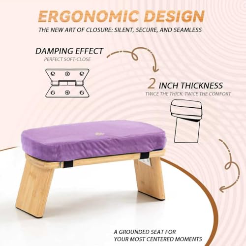 Bamboo Meditation Bench, Foldable Prayer Stool (Purple) | Meditation Kneeling Bench, Seiza Prayer Bench, Prayer Bench with Meditation Cushion, Kneeling Prayer Stool for Home - color: Purple