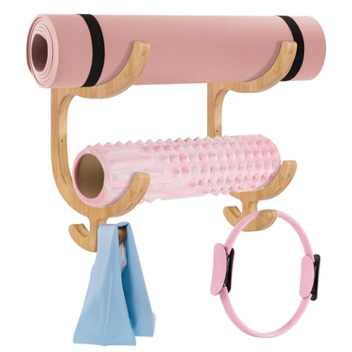 Wooden Yoga Mat Holder Wall Mount, Double Layer Yoga Mat Storage Rack with 4 Hooks, Home Gym Accessories for Yoga Mat Foam Roller Resistance Bands, Sturdy Wall Organizer for Home Gym School Office