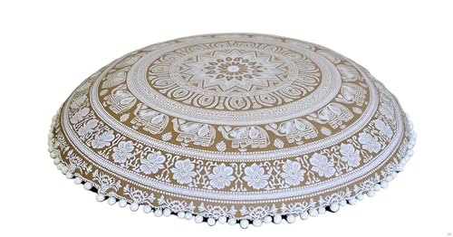 CRAFT KALA 32 Inch Meditation Floor Pillow Cover Round Pillow Seating Hippie Decorative Adults Bohemian Mandala Cushion Cover Outdoor Living Room Throw Ottoman Poufs Cover (White Gold Elephant) - color: White Gold Elephant