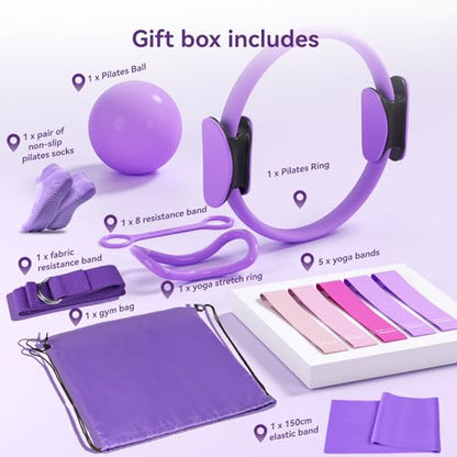 Pilates Kit for Women,15 Inch Magic Circle, 6 Multi-Level Resistance Bands,Yoga Ball Socks, Back Neck Stretcher ,14-Piece Full Body Toning Pilates Equipment for Beginners, 15 Min Daily Routine - color: Purple