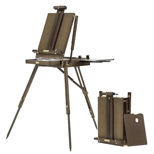 French Easel for Painting: Deluxe Beech Wood Plein Air Easel Stand with Metal Side Tray - Portable Sketchbox for Outdoor Field & Studio - Holds Canvas up to 34"- Gray Walnut - color: gray walnut
