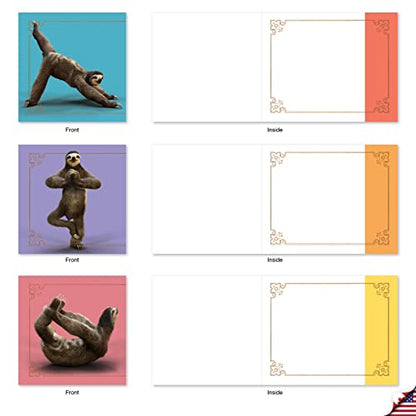 The Best Card Company - 10 Blank Yoga Note Cards (4x 5.12 Inch) - Boxed Notecards with Envelopes, Cute Animal Cards, Zen Assortment - Sloth Yoga AMQ6255OCB-B1x10 - style: Sloth Yoga