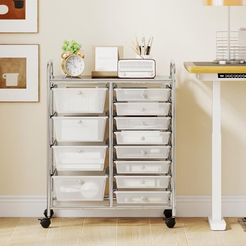 LDAILY 12 Drawer Rolling Storage Cart, Rolling Cart with Drawers for Classroom, Art Supply Craft Organizer on Wheel with Metal Frame & Handles for Home Office School (Clear, 12 Drawer Left-Right) - color: Clear, size: 12 Drawer Left-Right