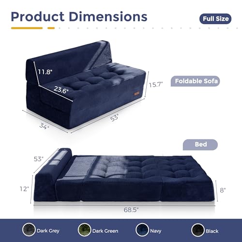 MAXYOYO Folding Sofa Bed, 8-Inch Fold-Out Chair Bed, Single | 2-in-1 Convertible Floor Sofa Couch, High-Density Foam Tufted Lounge Couch for Living Room Bedroom Dorm, Navy - color: Navy, size: Loveseat