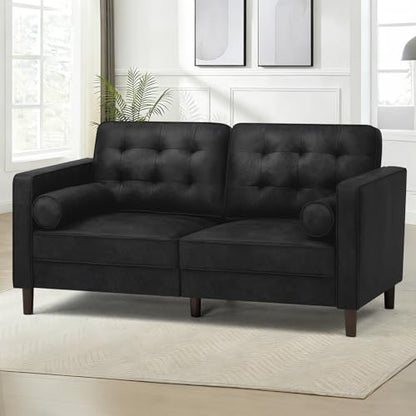 67" Suede Leather 2 Seater Sofa with Two Bolster Pillows, Black - color: Black, size: 67" Loveseat