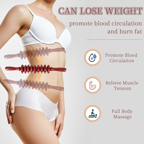 Liitrton Manual Wooden Massage Roller Stick for Muscle Relief, Red | Smooth Body Roller, Wood Therapy Massage Tools for Trigger Point Relief, Legs Sore Muscle Recovery - size: 9-Wheel-Red