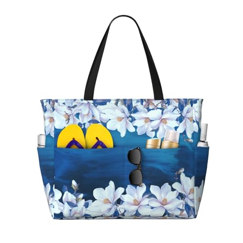 Large Beach Bag for Women Waterproof Foldable Travel Shoulder Tote Bag with Pocket for Weekender Pool Vacation - color: Magnolia Blue