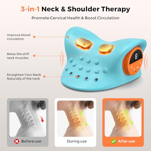 Massager Official 4-in-1 Cervical Neck Massager Pillow with Heating Wave Vibration, Remote Control, for Home, Office, Travel