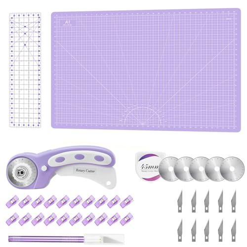 Headley Tools Rotary Cutter Set - 45mm Fabric Cutter, 5 Extra Rotary Blades, A1 Cutting Mat, Quilting Ruler and Sewing Clips, Craft Knife Set, Ideal for Crafting, Sewing, Patchworking, Purple - color: Purple, size: A1 Rotary Cutter Set