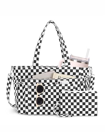 NPBAG Corduroy Tote Bag for Women with 9 Pockets & 40oz Cup Holder, Laptop Work Purse for Teacher Nurse, Travel College Bag - color: Checkered