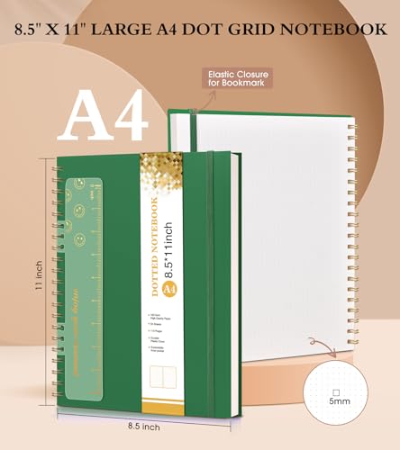 Dotted Notebook, Spiral Notebook Journal 8.5” x 11”, A4 Large Dot Grid Notebooks for Women Men, 100 GSM Dotted Paper, Plastic Hardcover Spiral Bullet Journals for Work School Sketching, Green - color: Green, size: Dotted