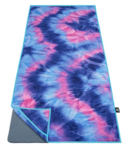 Ewedoos Yoga Towel Mat Towel with Anchor Fit Corners Non Slip Towel for Hot Yoga, Pilates, Workout, Camping - color: Blue & Pink Tie Dye