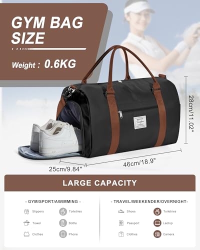 Gym Bag Womens Mens with Shoes Compartment and Wet Pocket Travel Duffel Bag for Women for Plane Sport Gym Tote Bags Swimming Yoga Waterproof Weekend Overnight Carry on Bag Hospital Holdalls - color: A5-Black Brown