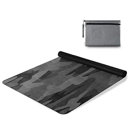 Travel Yoga Mat 71" x 24" Non Slip Natural Rubber Foldable Exercise Mat Ultra Thin 1.5mm Lightweight for Fitness, Pilates & Home Workout, Charcoal Black Grey Camo