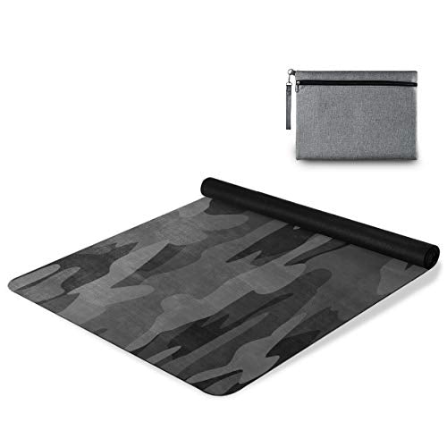 Travel Yoga Mat 71" x 24" Non Slip Natural Rubber Foldable Exercise Mat Ultra Thin 1.5mm Lightweight for Fitness, Pilates & Home Workout, Charcoal Black Grey Camo